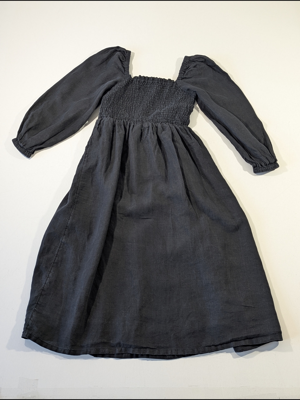 J. Crew 100% Linen Daydream Puff Sleeve Smocked bodice Midi Dress Black Size XS - Picture 7 of 13
